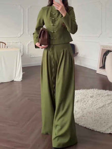 Mandarin Collar Knot Crop Top & Drawstring Wide Leg Pants 2-Piece Set