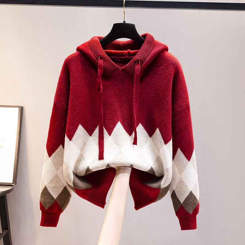 European And American-style Hooded Sweater Loose-fit Diamond-patterned Base Knit Top