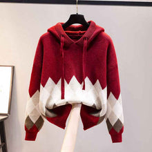 European And American-style Hooded Sweater Loose-fit Diamond-patterned Base Knit Top