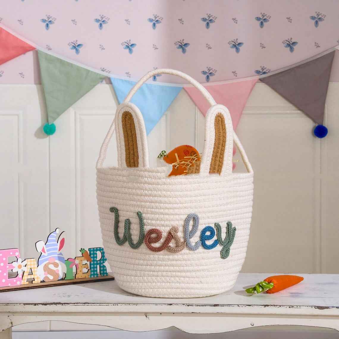 Easter Gift Basket With Hand-woven Rabbit Ears Storage Basket