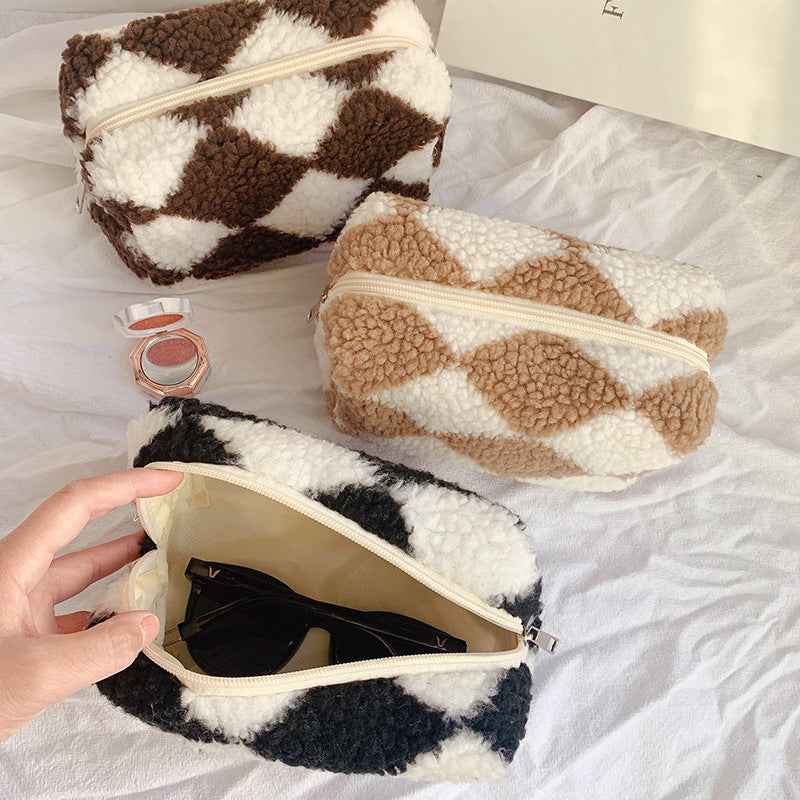 Niche Design Plaid Plush Pencil Case Large-Capacity Storage Bag