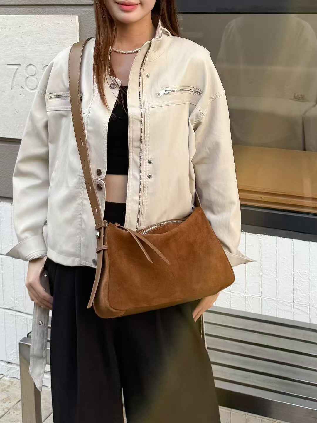 Genuine Leather Pillow Bag Frosted Cowhide Shoulder Bag
