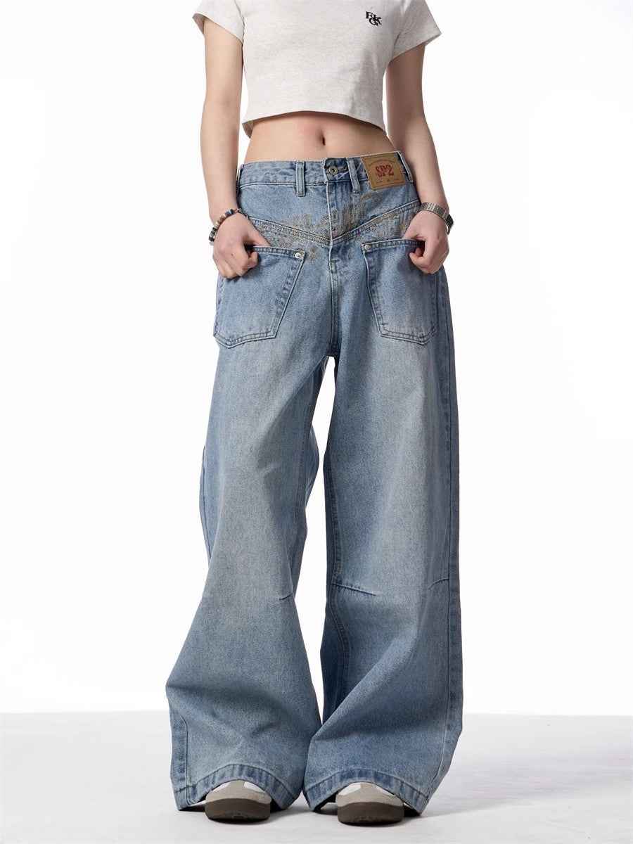 Retro Reverse-wear Design Washed Denim Jeans