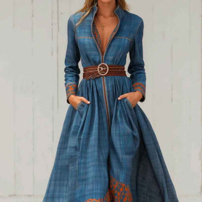 Color-blocked Floral Patterned Stand-up Collar Fitted Waist Casual Long Dress