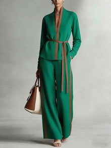 Women's Casual Patchwork Cardigan Shirt And Wide-Leg Pants Set