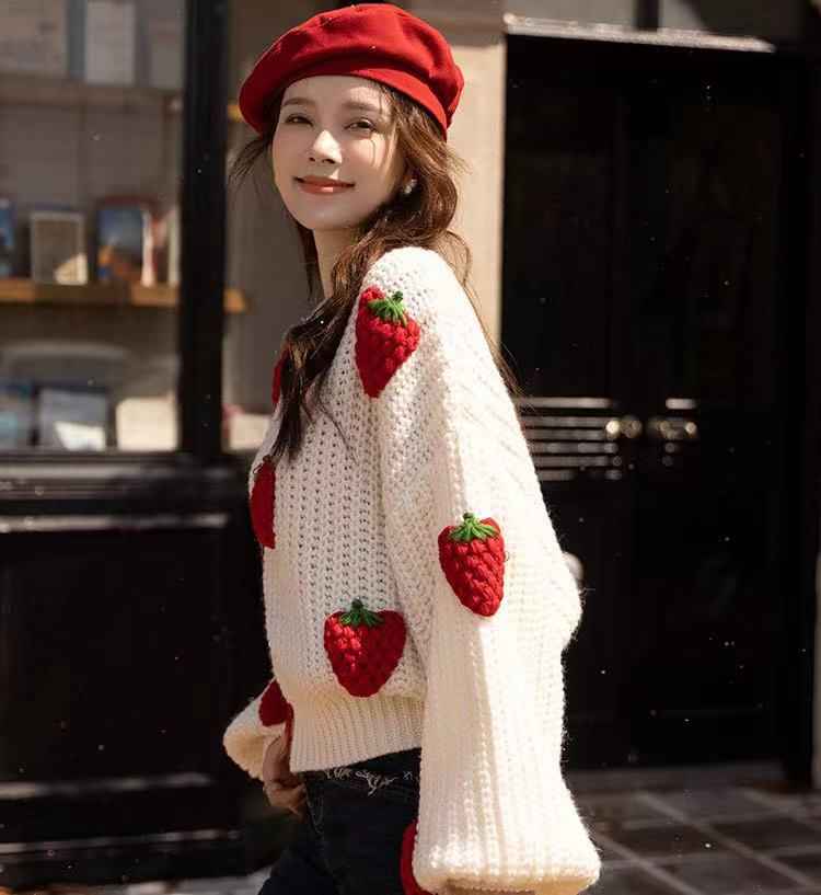 Sweaters Women's Clothing Loose Strawberry Crochet Knit