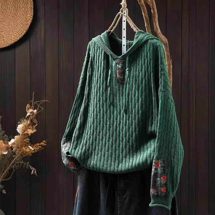 Womens Ethnic-Style Loose-Fit Oversized Sweater With Drawstring Hood