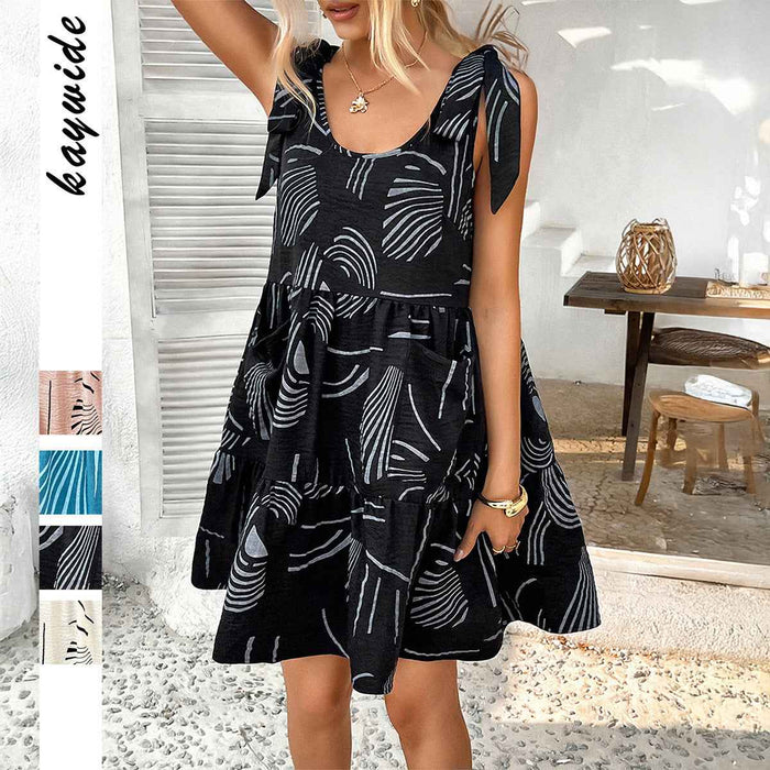 European And American Resort-Style Casual Strappy Printed Slip Dress