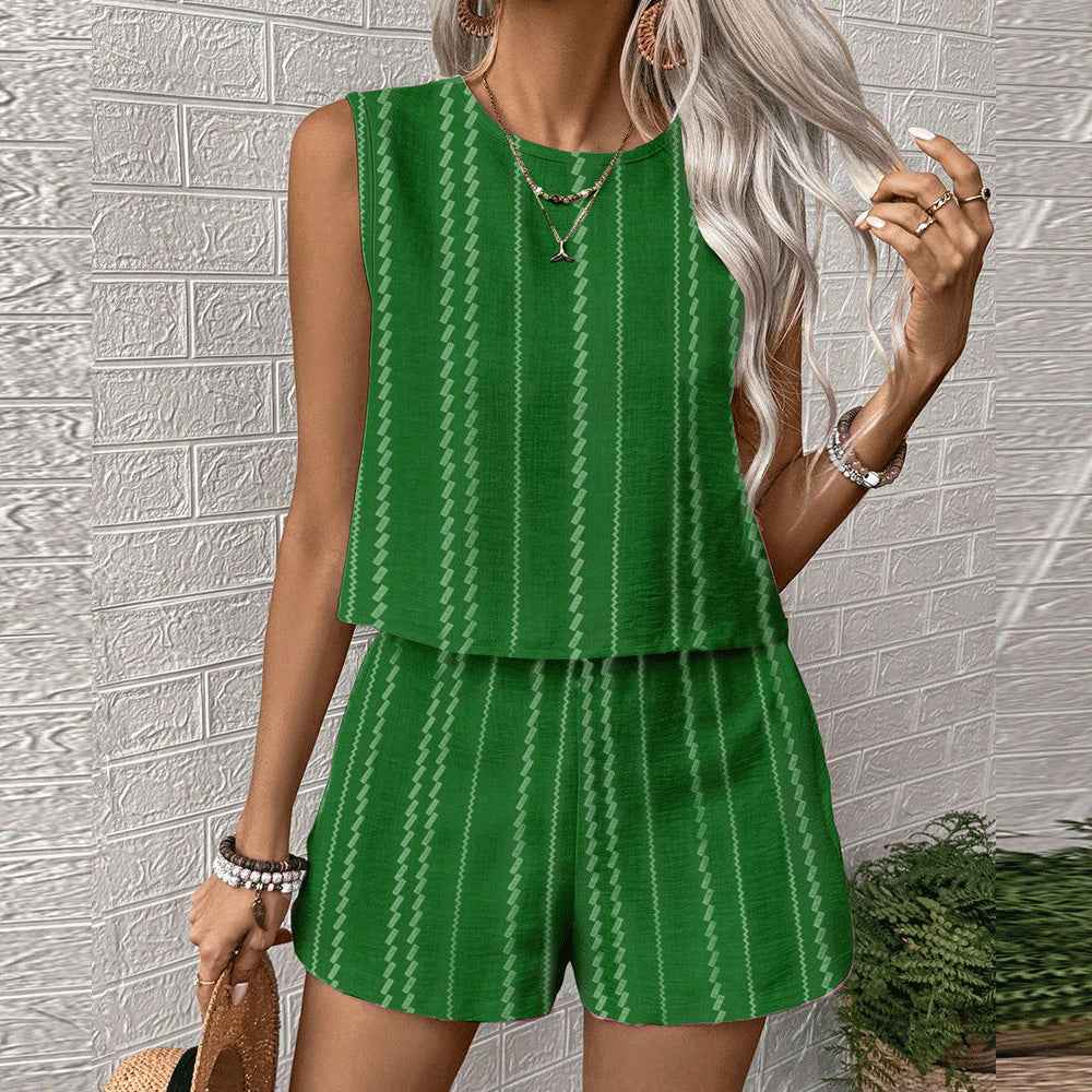 Womens Casual Striped Sleeveless Fashion Top And Shorts Two-Piece Set