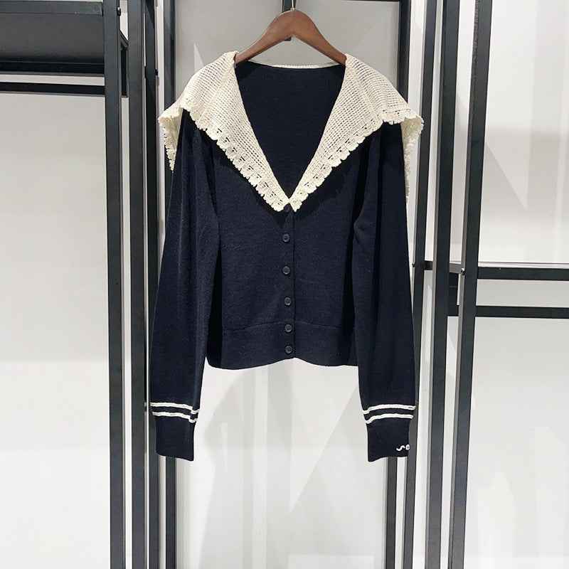 V-neck Crochet Shawl-Style Patchwork Knitted Cardigan