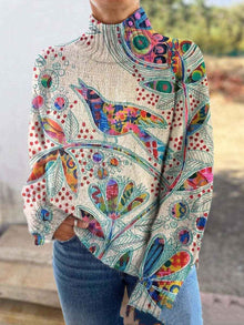 3D Floral Pattern Printing Independent Station High Neck Long Sleeve Sweaters