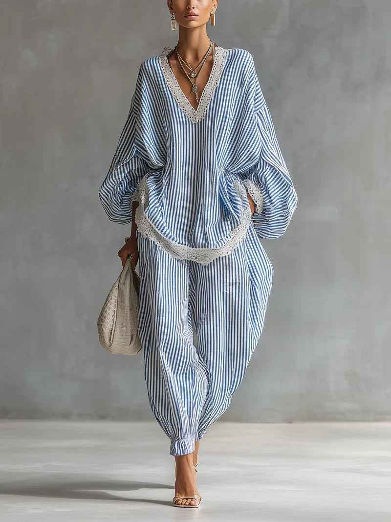 Blue And White Striped Lace-trimmed Loose Set For Women