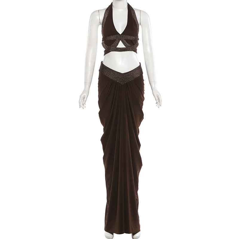 Sexy Cropped Halter Top And Pleated Bodycon Maxi Skirt Set