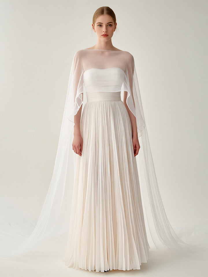 Elegant White Pleated Gown With Sheer Cape Overlay by Mirlaine Univers
