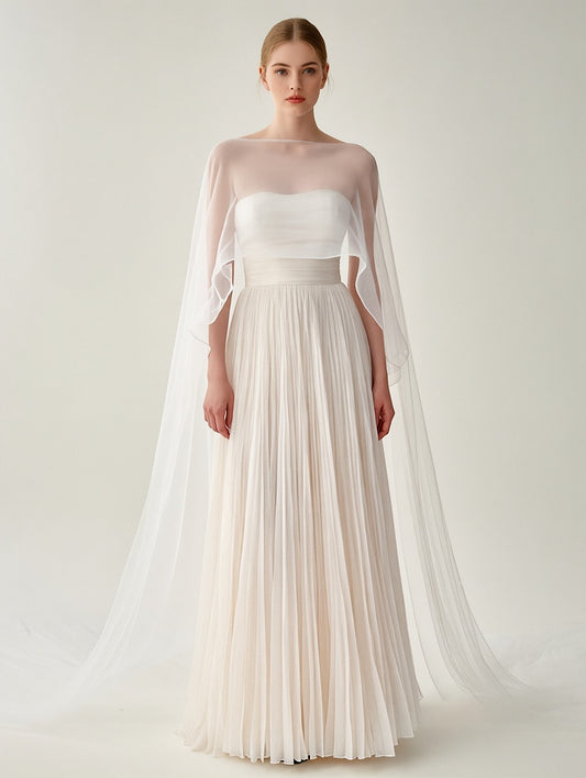 Elegant White Pleated Gown With Sheer Cape Overlay by Mirlaine Univers