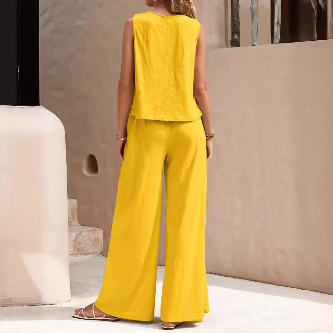 Solid Color Casual Loose Pants Sets For Women Elegant Spring Summer Women's Two Pieces Suit Full Trouser Set Female Outfit Clothes by Mirlaine Univers