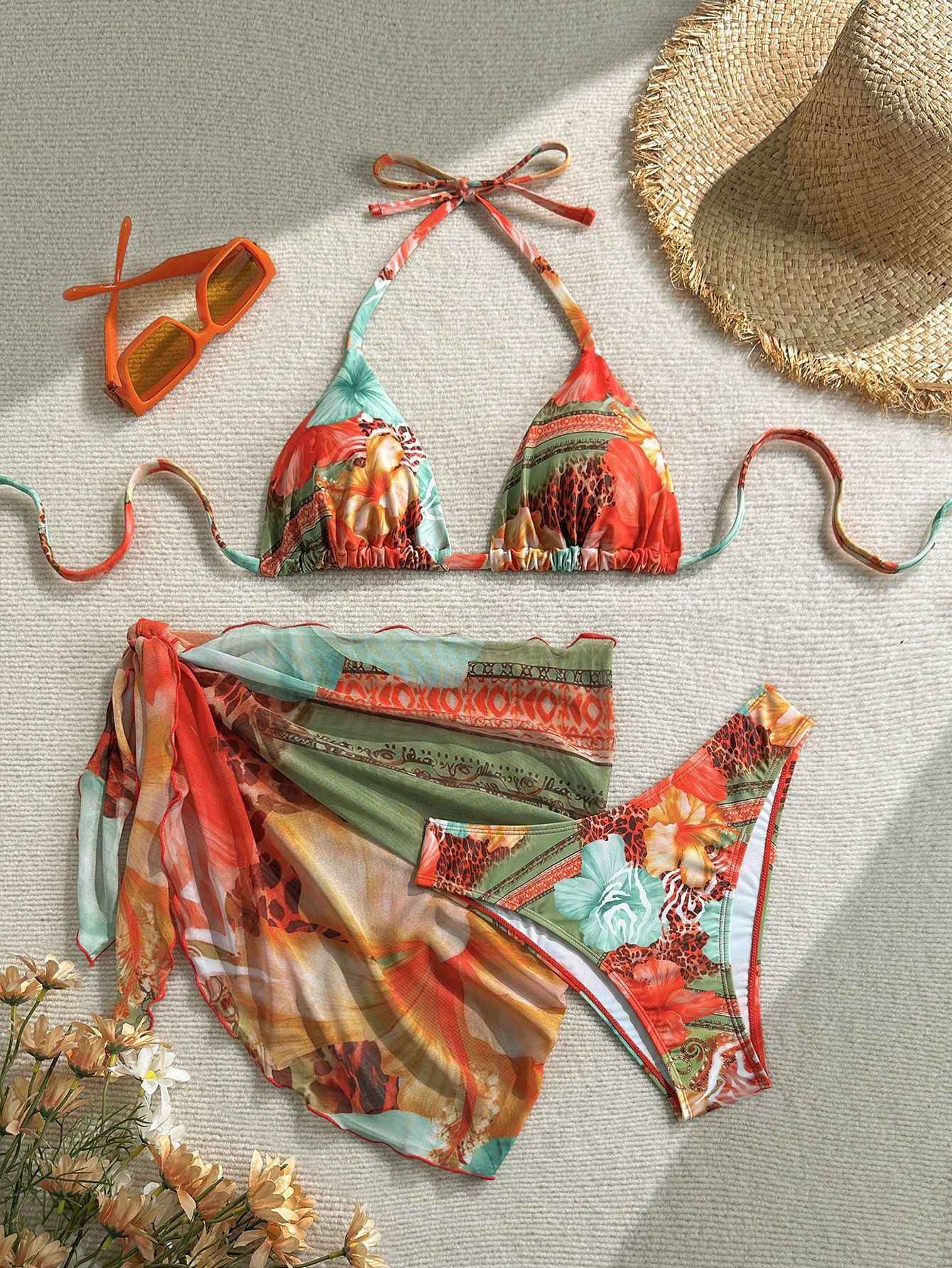European And American-style Three-Piece Apron Bikini Flower-Printed Lace-Up Womens Swimsuit