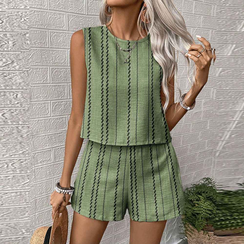 Womens Casual Striped Sleeveless Fashion Top And Shorts Two-Piece Set