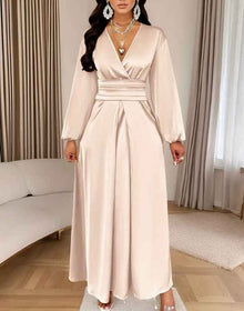 Satin V-neck Waist-cinched Maxi Dress With Puff Sleeves