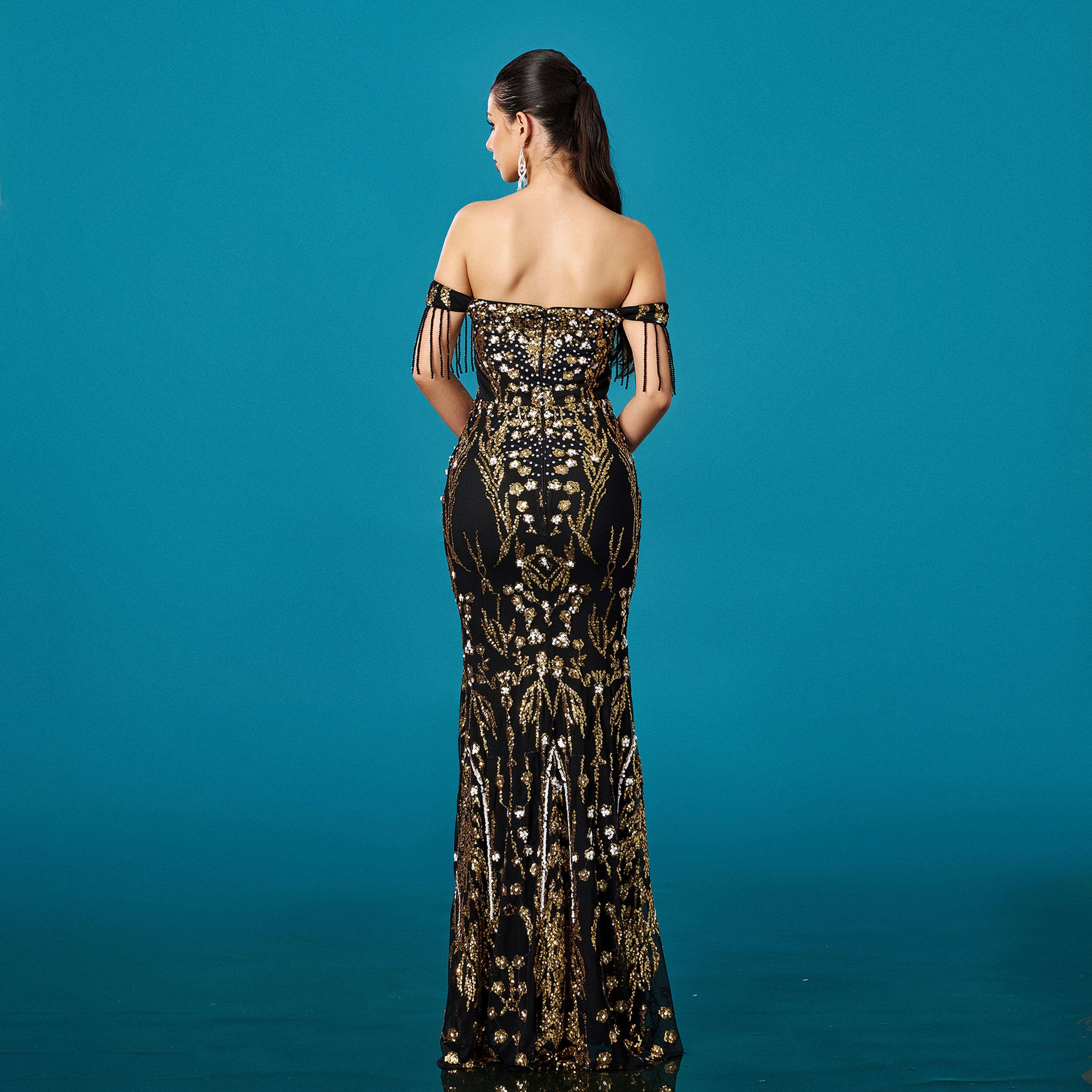 Off-neck Tassel Sequined Fishtail Evening Dress For Banquet by Mirlaine Univers