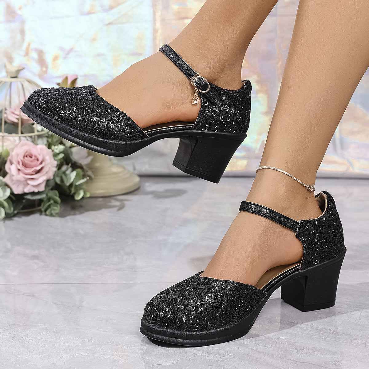 Fashion Round Head Chunky Heel Plus Size Buckle Sandals For Women