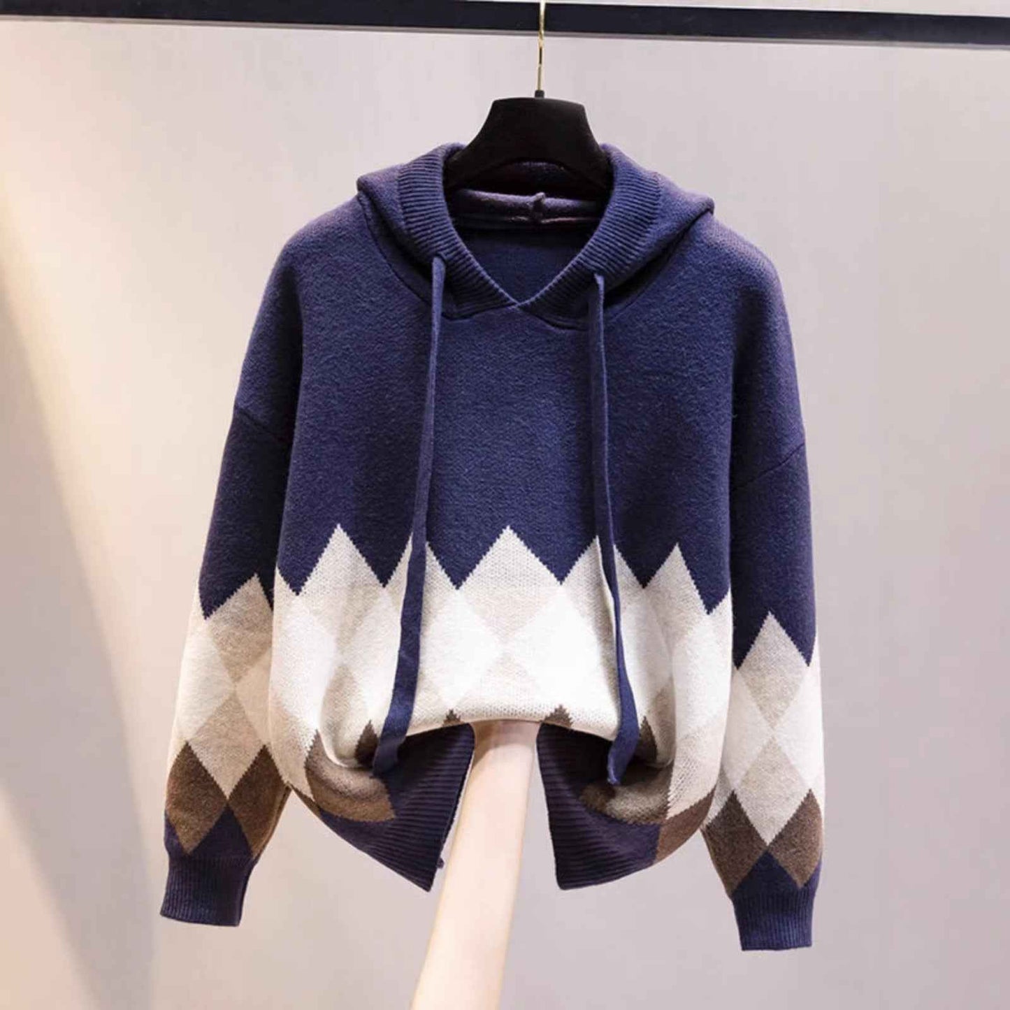 European And American-style Hooded Sweater Loose-fit Diamond-patterned Base Knit Top