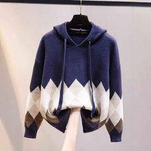 European And American-style Hooded Sweater Loose-fit Diamond-patterned Base Knit Top
