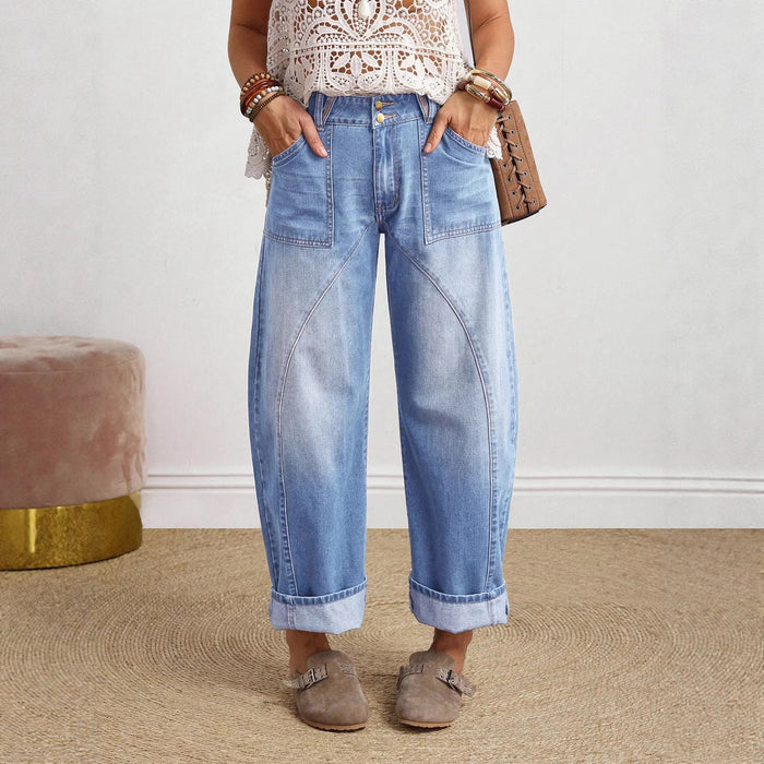 Womens Retro Loose-fit Straight-leg Denim Jeans