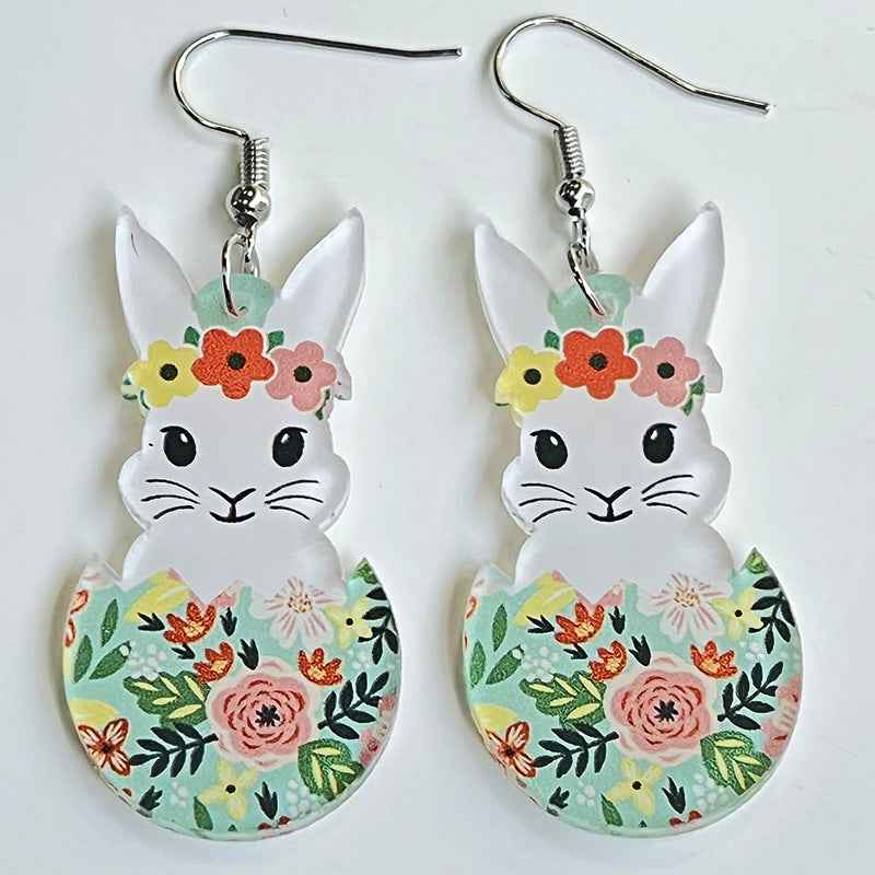 Easter Rabbit Flower Basket Cute Printed Egg Chick Spring Floral Earrings
