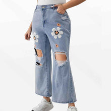 Plus-size Printed Ripped Flared Jeans For Women