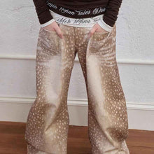 Retro Plus-size Distressed Faux-Aged Deer Print Denim Jeans
