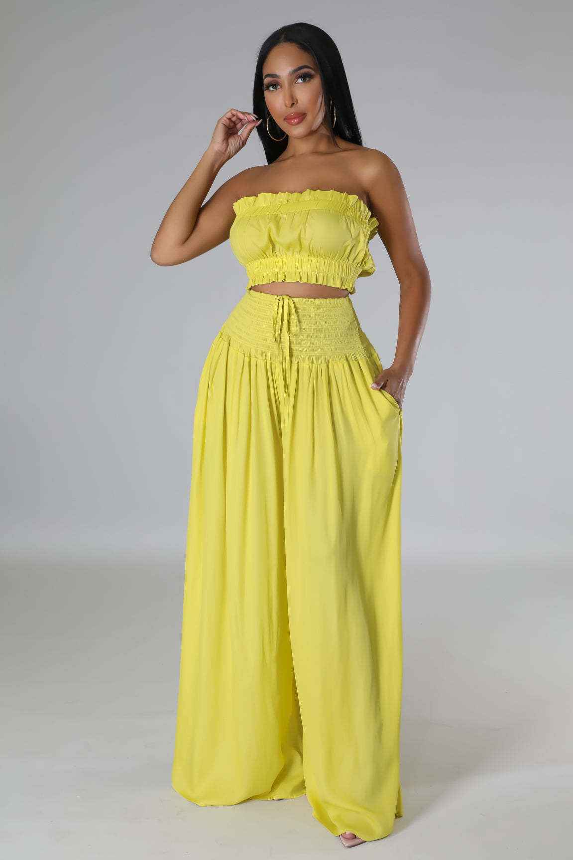 Summer Autumn Solid-Color Womens Casual Tube Top And High-Waist Drawstring Wide-Leg Pants