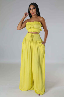 Summer Autumn Solid-Color Womens Casual Tube Top And High-Waist Drawstring Wide-Leg Pants