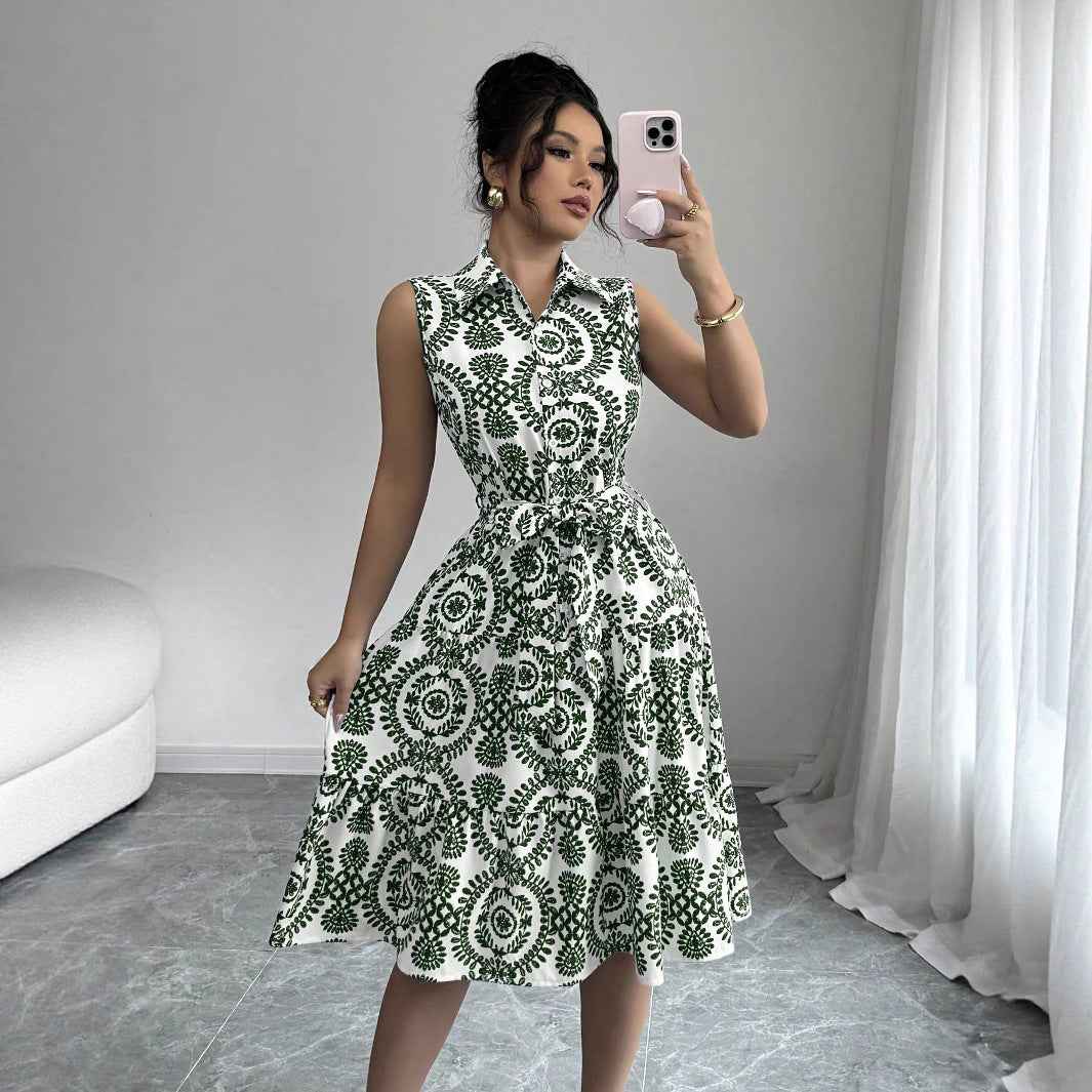 Stylish Printed Sleeveless Lace-Up Waist-Cinching Dress