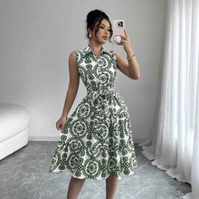 Stylish Printed Sleeveless Lace-Up Waist-Cinching Dress
