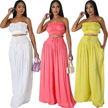 Summer Autumn Solid-Color Womens Casual Tube Top And High-Waist Drawstring Wide-Leg Pants