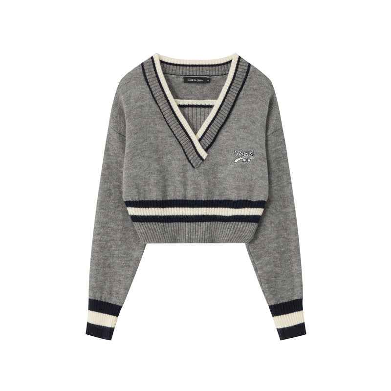 Two Color Contrast V Neck Sweaters
