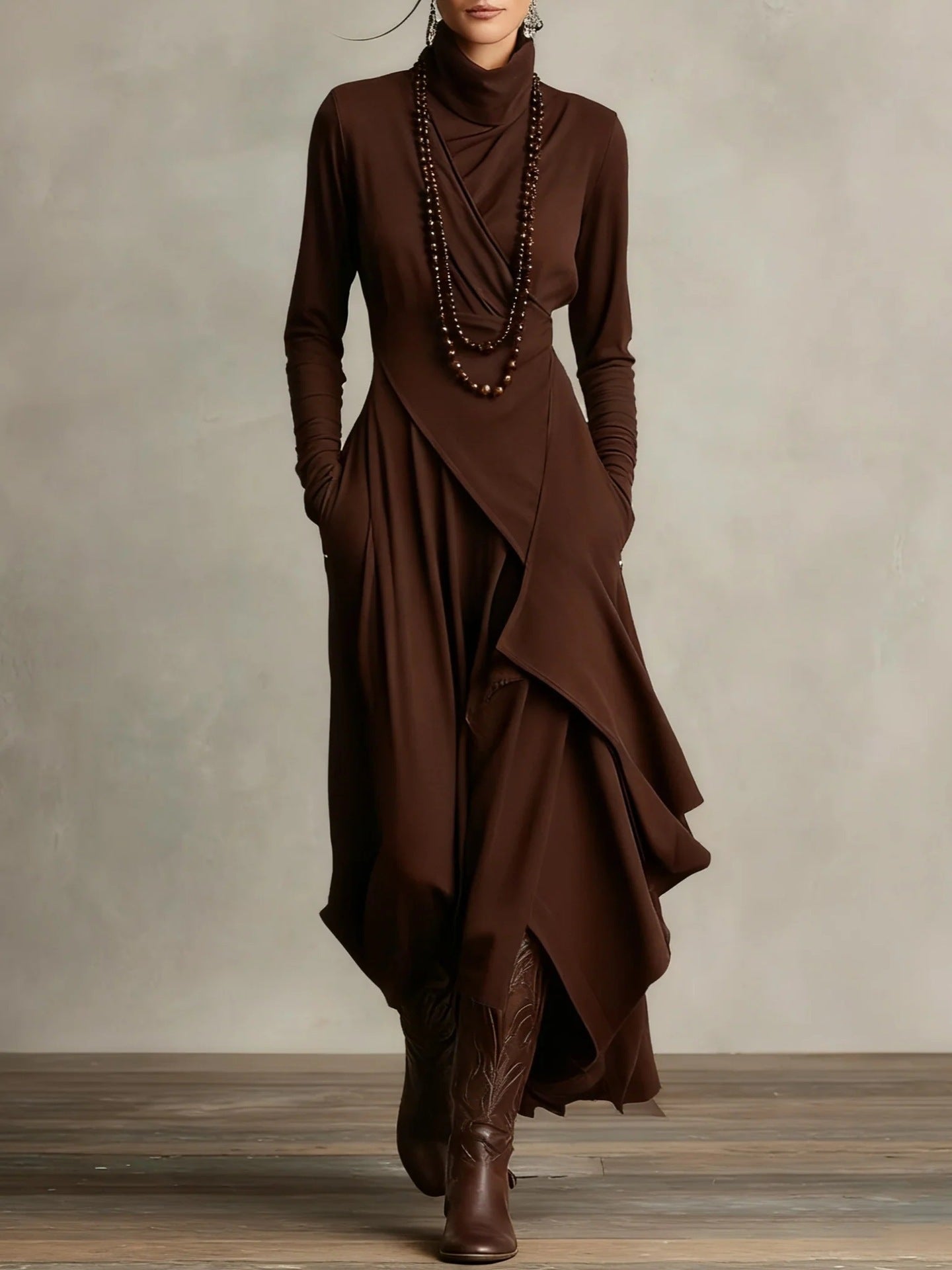 Women's Solid Color Cross-sleeve High-neck Dress by Mirlaine Univers