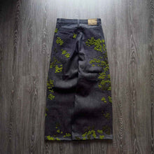 Street-style Denim Straight-leg Pants With Floral Embroidery