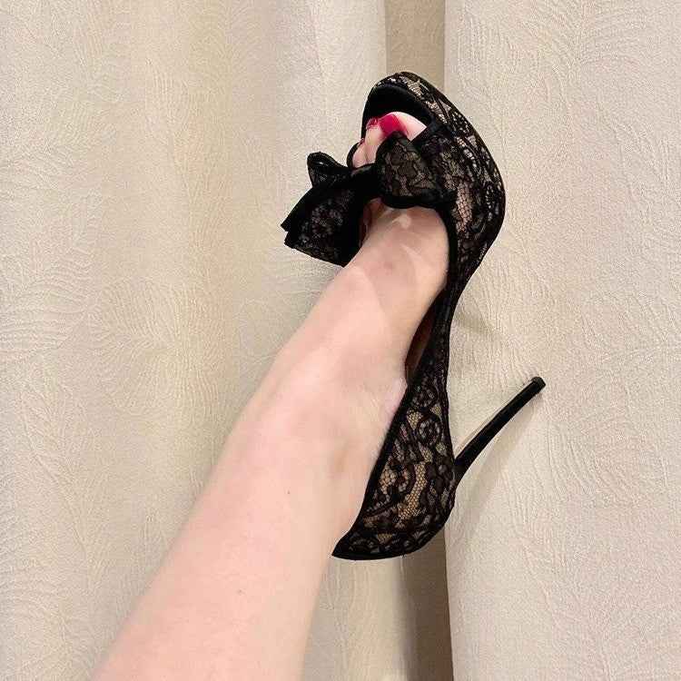 Mesh Lace Embroidered Bowknot Platform Sandals For Women