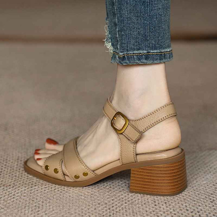 Sandales à talons mi-hauts et bout ouvert style français pour femmes, été