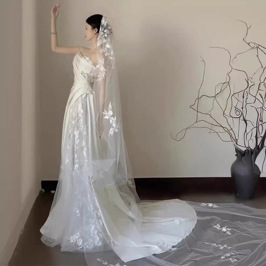 Satin Lace Wedding Veil Tube Top Fishtail Wedding Dress by Mirlaine Univers