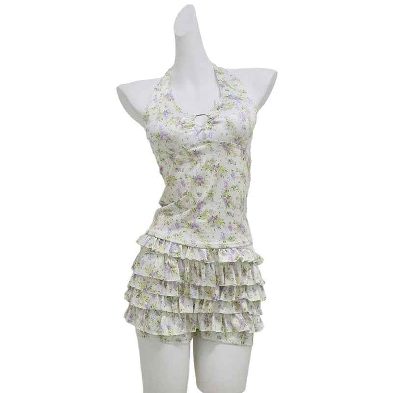 Womens Floral Halter Neck, Low-Chest Push-Up Two-Piece Skirted Swimsuit