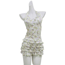 Womens Floral Halter Neck, Low-Chest Push-Up Two-Piece Skirted Swimsuit