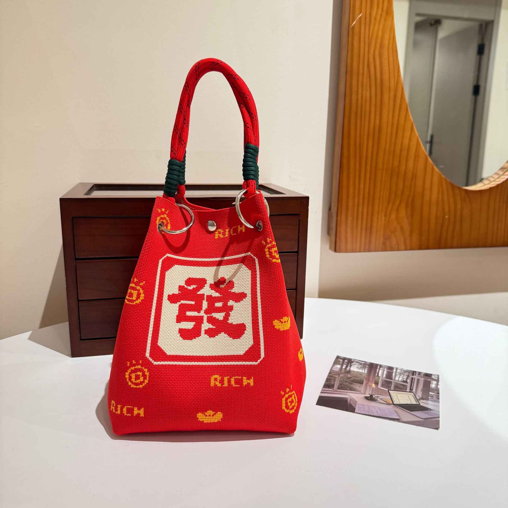 Womens Red Knitted Tote Bag With Magnetic Closure And Large Capacity