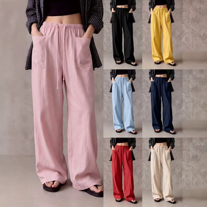 Pantalon femme coupe droite et jambes larges avec taille élastique et cordon de serrage