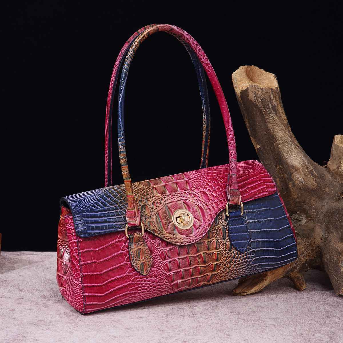 Womens Crocodile-Print Brahmin Shoulder Tote Bag