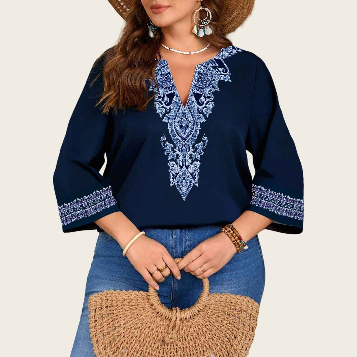 Fashionable Casual V-Neck Ethnic-Style Printed Three-Quarter-Sleeve Shirt Top