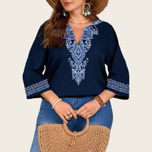 Fashionable Casual V-Neck Ethnic-Style Printed Three-Quarter-Sleeve Shirt Top
