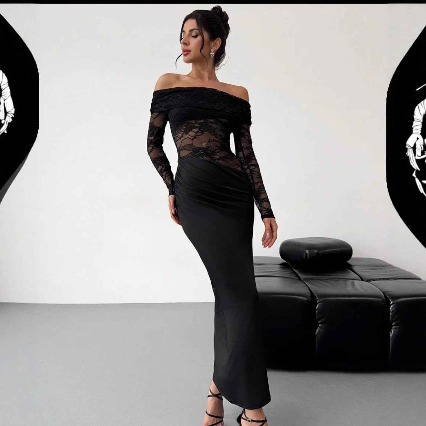 Womens Sexy Hollow-Out Lace Long-Sleeve Dress